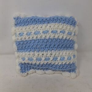 Handmade Crocheted Blue White Striped 10 Inch Square Throw Pillow Shell Edge